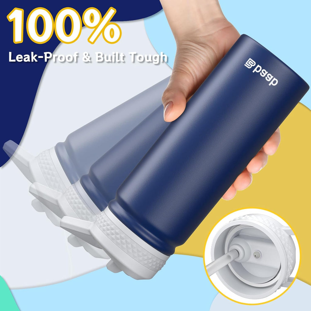 baab 18oz Kids Water Bottle, Insulated Water Bottle with Straw & Stickers, 18/8 Stainless Steel Vacuum Leakproof Kids Water Straw Cup for School, Perfect for Boy Girl (Navy Blue, 1 Pack)