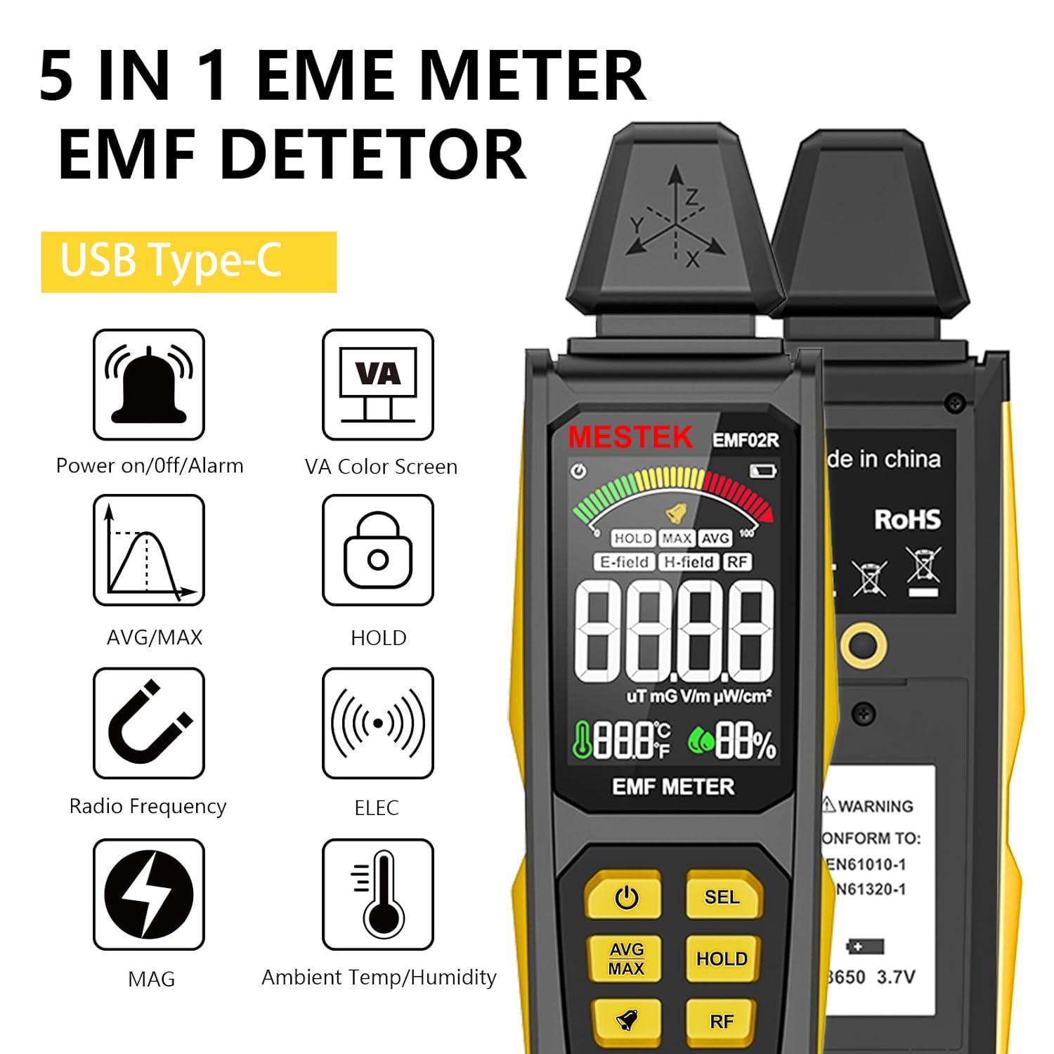EMF Detector, MESTEK 5 in 1 EMF Meter Radiation Detector, Electric Field, Radio Frequency Field Temperature, Magnetic Field Strength Meter, Rechargeable EMF Reader Home EMF Detection and Ghost Hunting