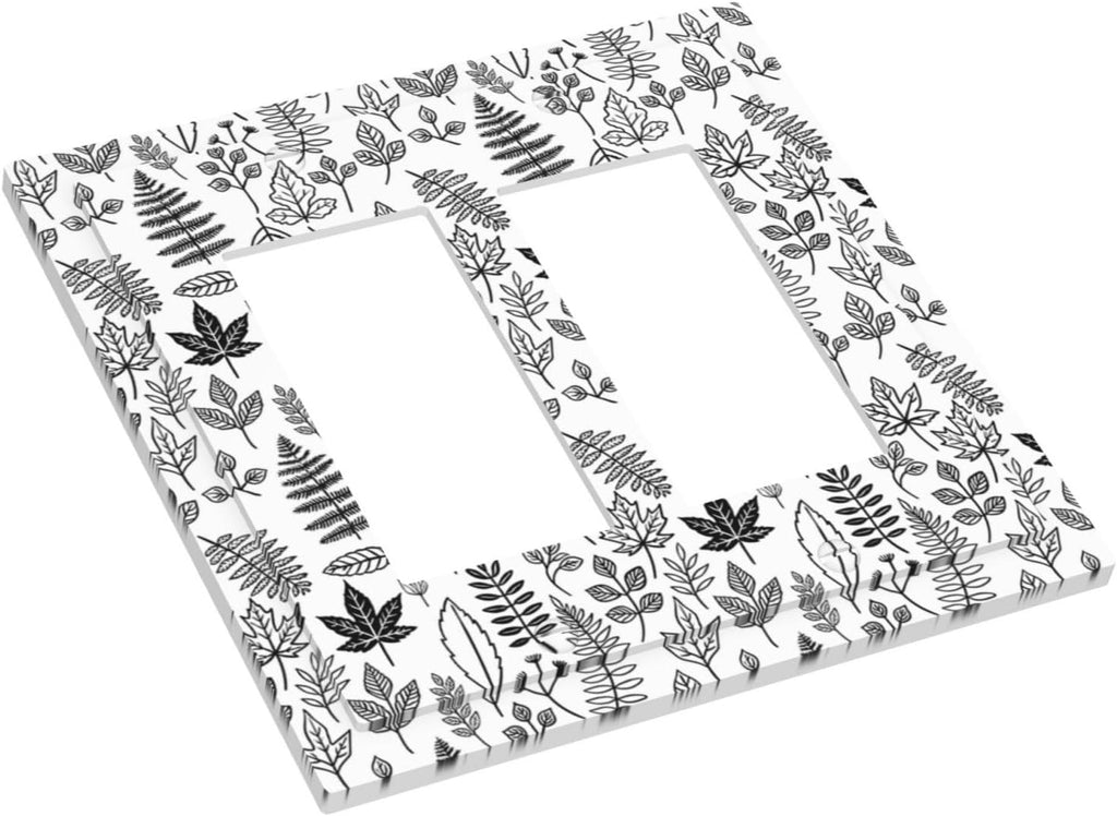 Black White Leaf Wheat Maple Leaf Plant Decorative Outlet Covers 2 Gang Double GFCI Rocker Light Switch Cover Plate Electrical Wall Panels for Bedroom Bathroom Decor