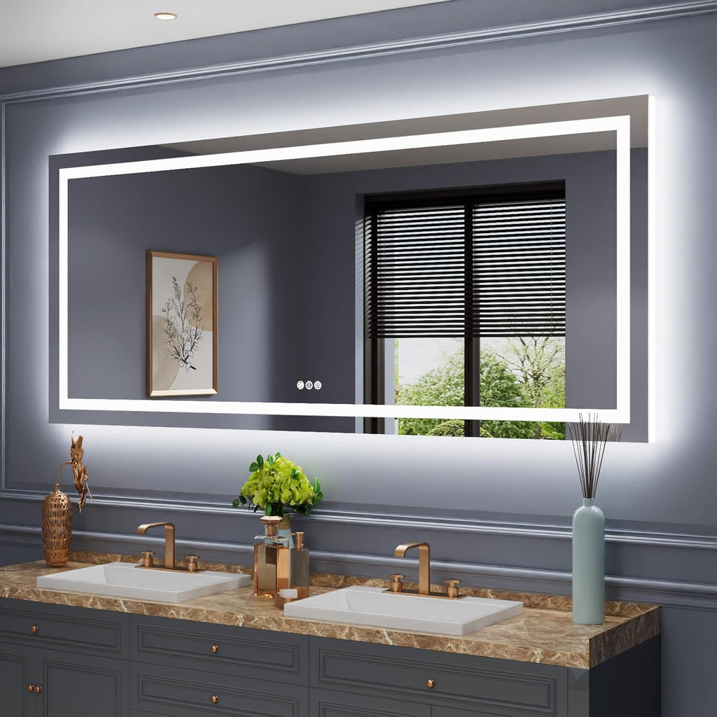 Amorho LED Bathroom Mirror, 88" X38" with Front Light and Backlit, Stepless Dimmable Wall Mirrors with Anti-Fog, Shatter-Proof, Memory, 3 Colors, Double LED Vanity Mirror