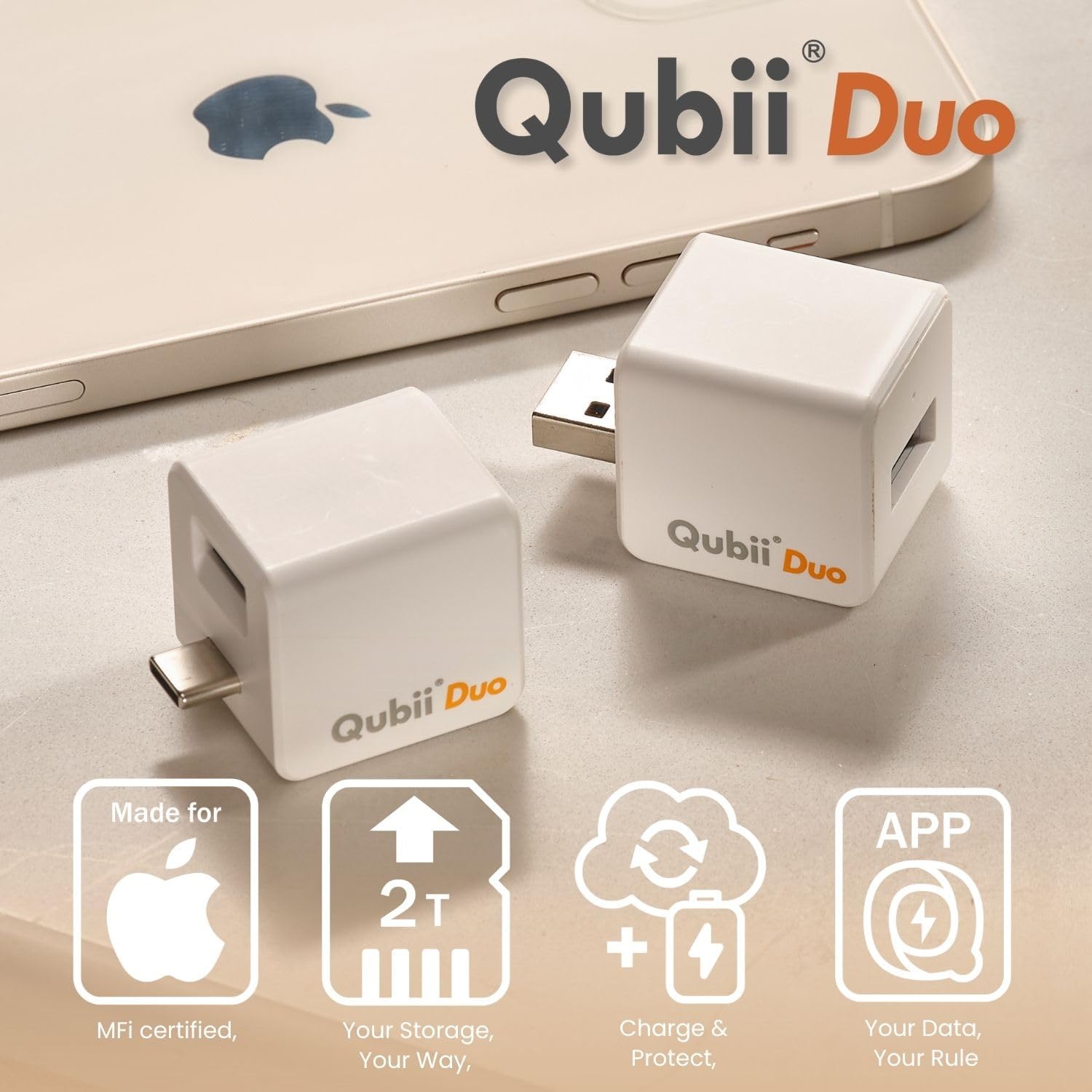 MAKTAR Qubii Duo Automatic Backup Cube with USB-C Cable and 128GB microSD Card, for iPhone/Android Photo and Video Backup