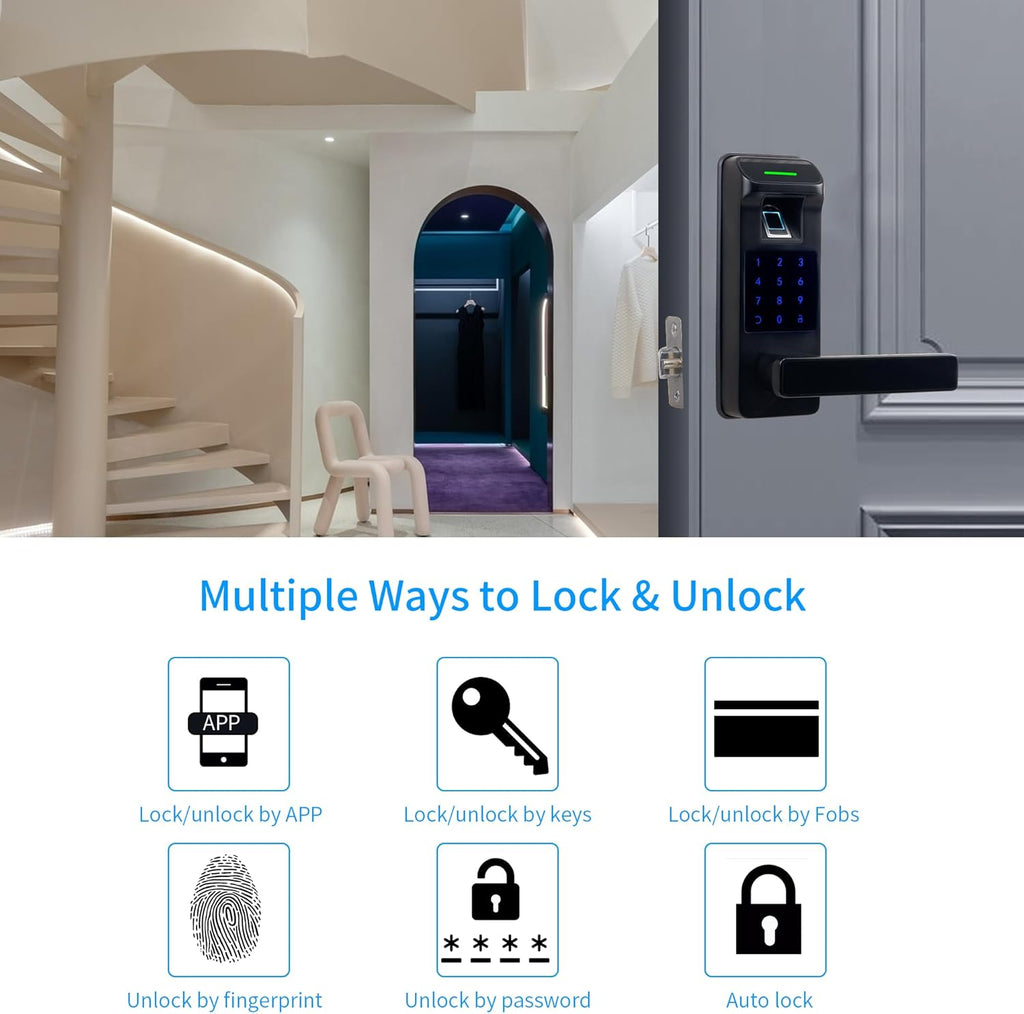 Harfo Fingerprint Door Lock, Heavy Duty Full APP Control Touchscreen Keypad Keyless Lock with Reversible Handle, Perfect for Home/Office/Bedroom Doors (Black)
