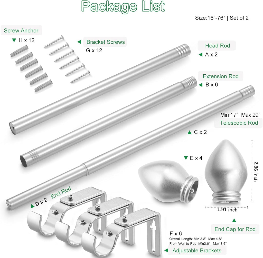 Curtain Rods for Windows 16 to 76 inches, Curtain Rod Max Adjustable Length to 88 in, Drapery Rod 1 inch Diameter with Modern Knobs Finials (Satin Silver, 16" to 76" - Set of 2)