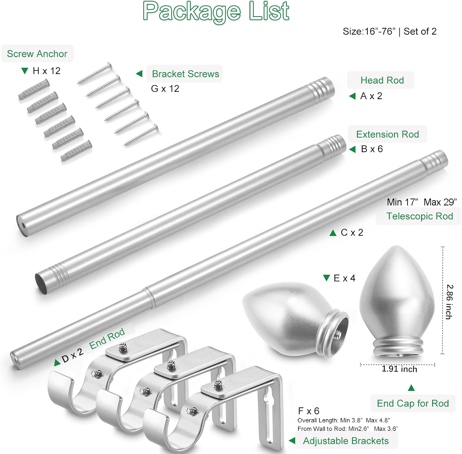 Curtain Rods for Windows 16 to 76 inches, Curtain Rod Max Adjustable Length to 88 in, Drapery Rod 1 inch Diameter with Modern Knobs Finials (Satin Silver, 16" to 76" - Set of 2)