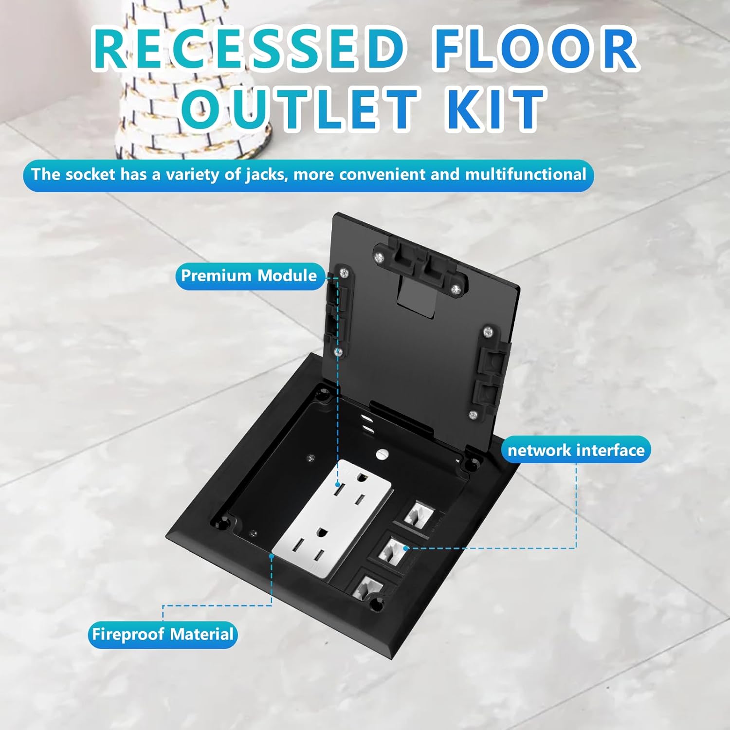 KYHSHJ Recessed Flat Hidden Socket Kit with 15 Amp Stainless Steel TR Receptacle Outlet Stainless+3-Port RJ45 Datacom Receptacle.Internal Height Adjustable，Corrosive Resistant Hardware，Black