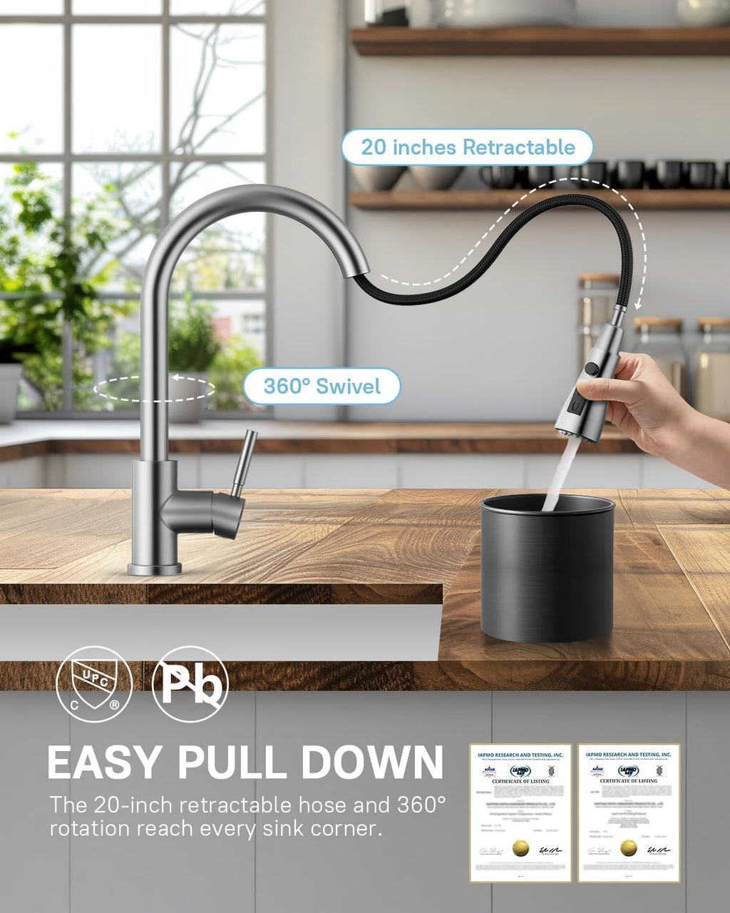 WEWE Kitchen Faucets with Pull Down Sprayer, Stainless Steel Single Handle 1 Hole for Family Kitchen Commercial Camper Laundry Rv Bar, Leak-Proof Brushed Nickel Bar Sink Faucet