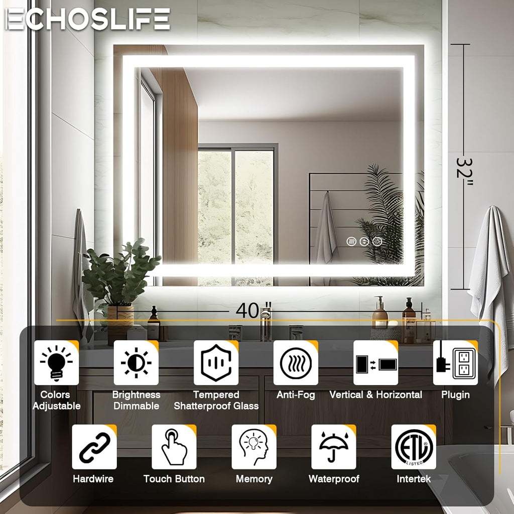 40"x32" LED Bathroom Mirrors for Wall, Front and Backlit Mirror, Anti-Fog Vanity Mirror with Lights, Stepless 3 Colors Dimmable Lighted Mirror(Horizontal/Vertical)