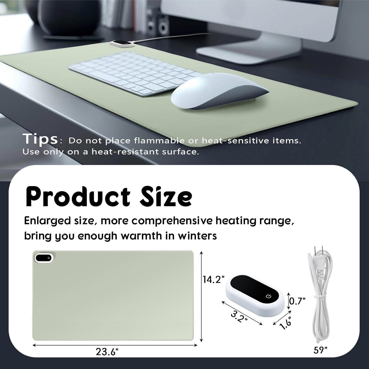 Konohan Heated Large Desk Mat PU Leather Warm Mouse Pad with 5 Heating Level & 4 Hour Auto Shut-Off Heating Keyboard Pad Warmer Gaming Mice Mat Only Supports 110v(Gray-Green Color,23.6"x 14.2")