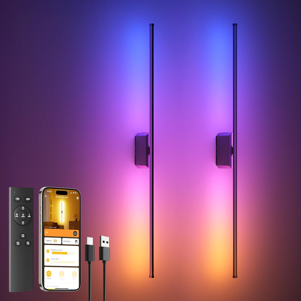 40 Inch Battery Operated Wall Sconces Set of 2, 12000mAh Rechargeable Smart Wall Lights with APP Control & Remote, Color Changing, Music Sync, Scene Modes, Wireless Wall Lamps for Living Room, Bedroom