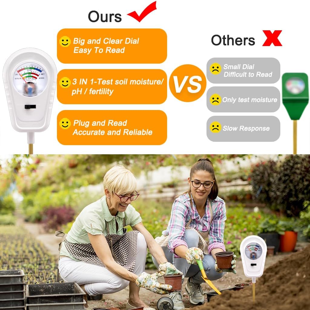 Soil Test Kit 3-in-1, Soil Moisture Meter, Soil PH Meter, Fertility Soil Tester, Soil Tester for Garden, Lawn, Farm, Outdoor & Indoor Use (Pearl White)