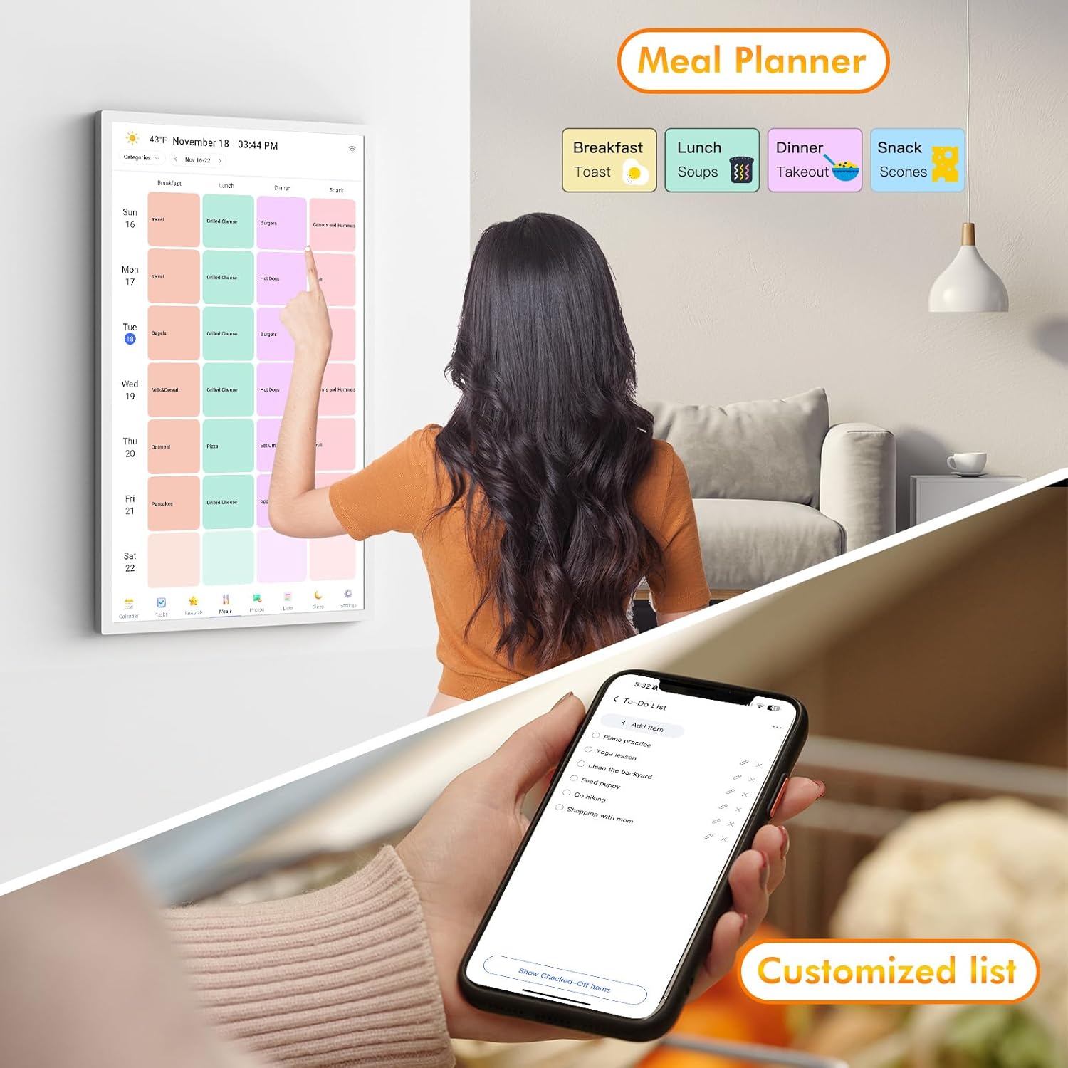 Smart Calendar Digital Frame Chore-Chart-for-Planner - 24 Inch Electronic Calendar for Family Schedules, Touchcreen Interactive Display, Auto-Sync Google/iCloud/Outlook Calendars, Selectable Reminders