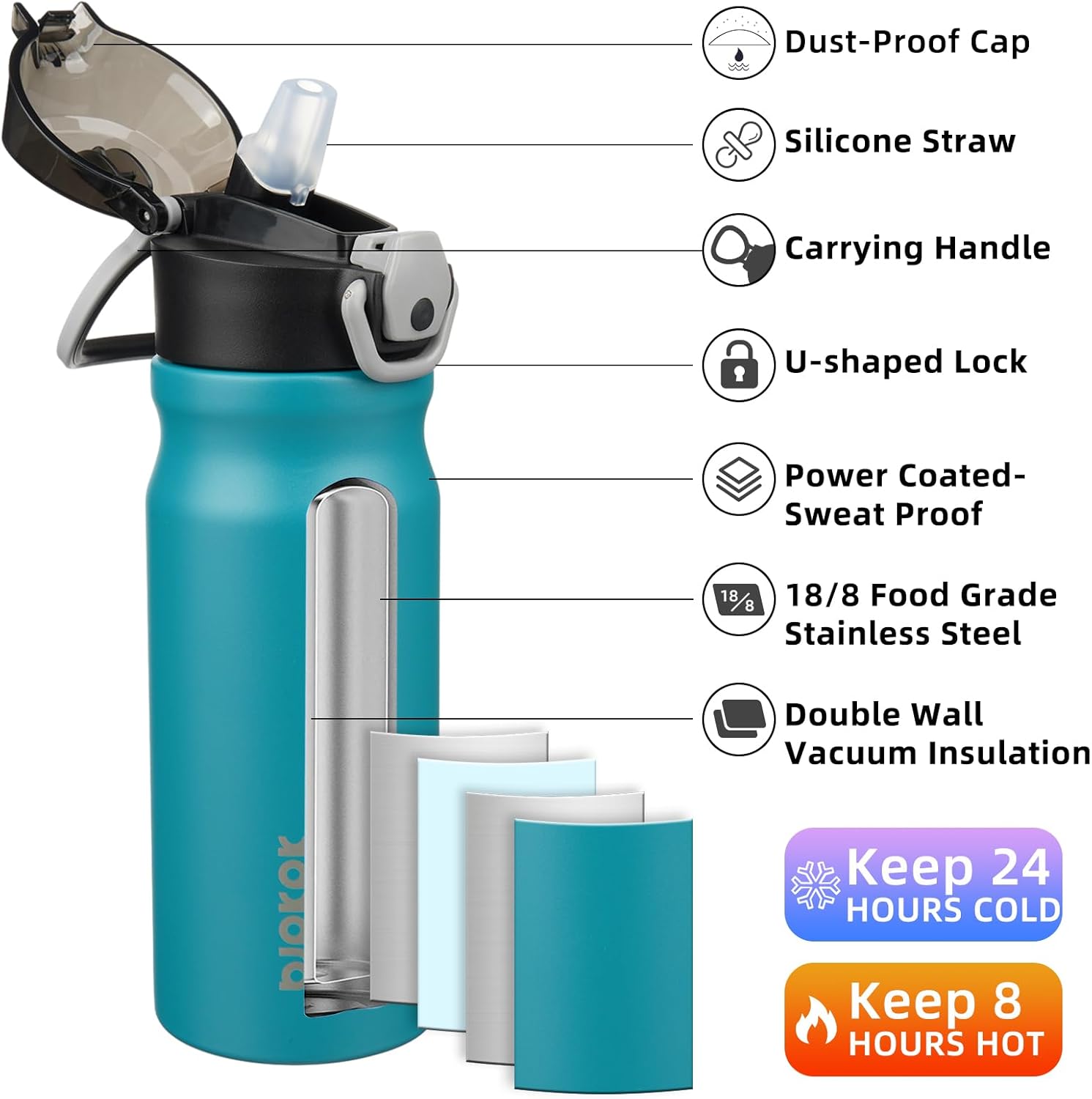 BJPKPK 18oz Insulated Water Bottle with Straw Stainless Steel Double Wall Water Bottles BPA Free Leak Proof Thermal Flask with Lockable Flip Lid and Soft Silicone Spout,Laguna