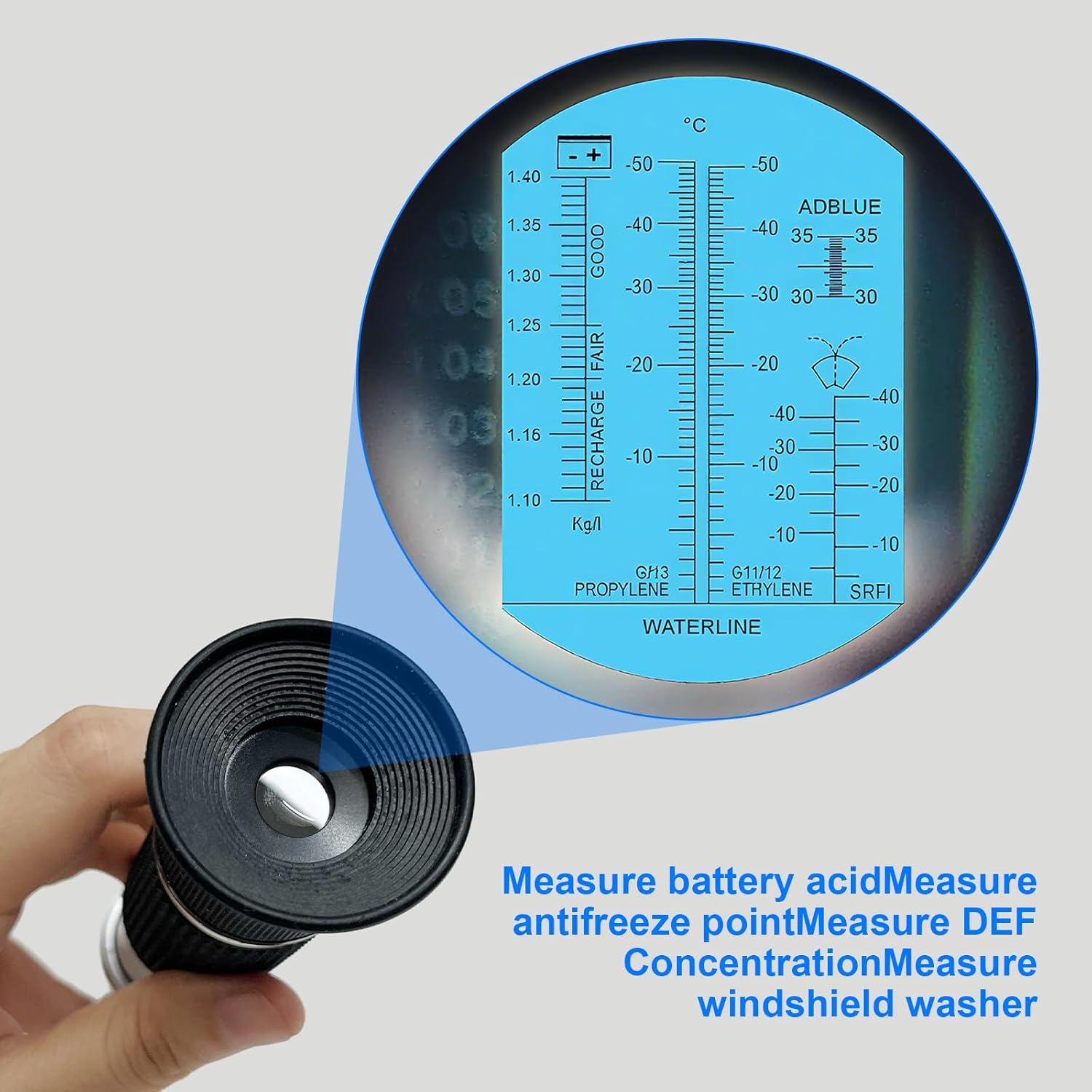 5-in-1 Refractometer for DEF Urea Concentration, Windshield Washer & PG/EG Antifreeze Freeze Point, Battery Specific Gravity - Refractometer for Coolant, Antifreeze, and Diesel Fluid