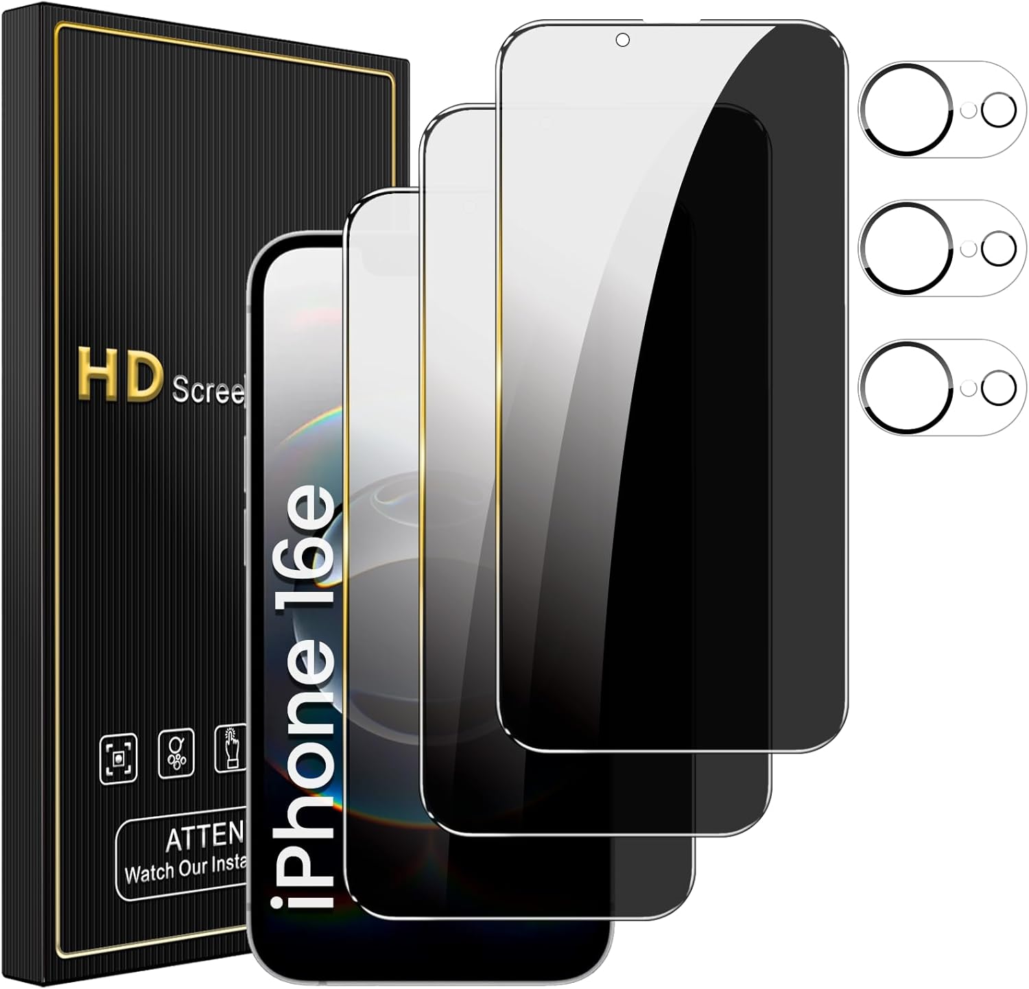 3 Pack Privacy Screen Protector for iPhone 16e 6.1 Inch with 3 Pack Camera Lens Protector, Anti Spy Tempered Glass Film, Anti-Scratch, Touch Sensitive, Case Friendly
