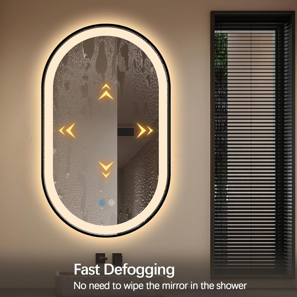 Niccy Oval LED Mirror for Bathroom, 40x24 Front Lit + Backlit Vanity Mirrors with Light Anti-Fog, Shatter-Proof, 3 Colors, Makeup Mirror with Black Frame (Horizontal/Vertical)