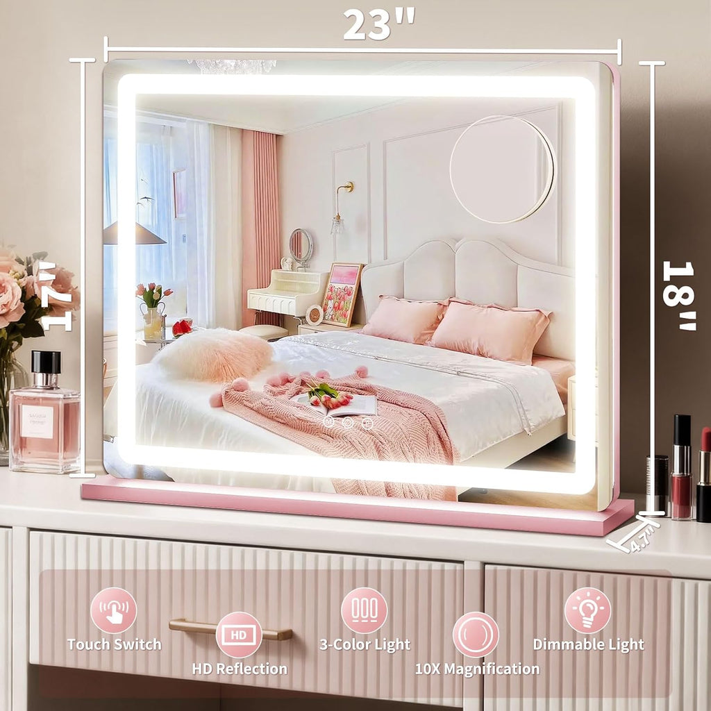 ROLOVE Pink Makeup Mirror with Lights, 23x18 Inch - 3 Color Modes, Dimmable LED Light up Mirror with 10X Magnification - Pink Vanity Mirror Wall&Tabletop Mount for Teen Girls