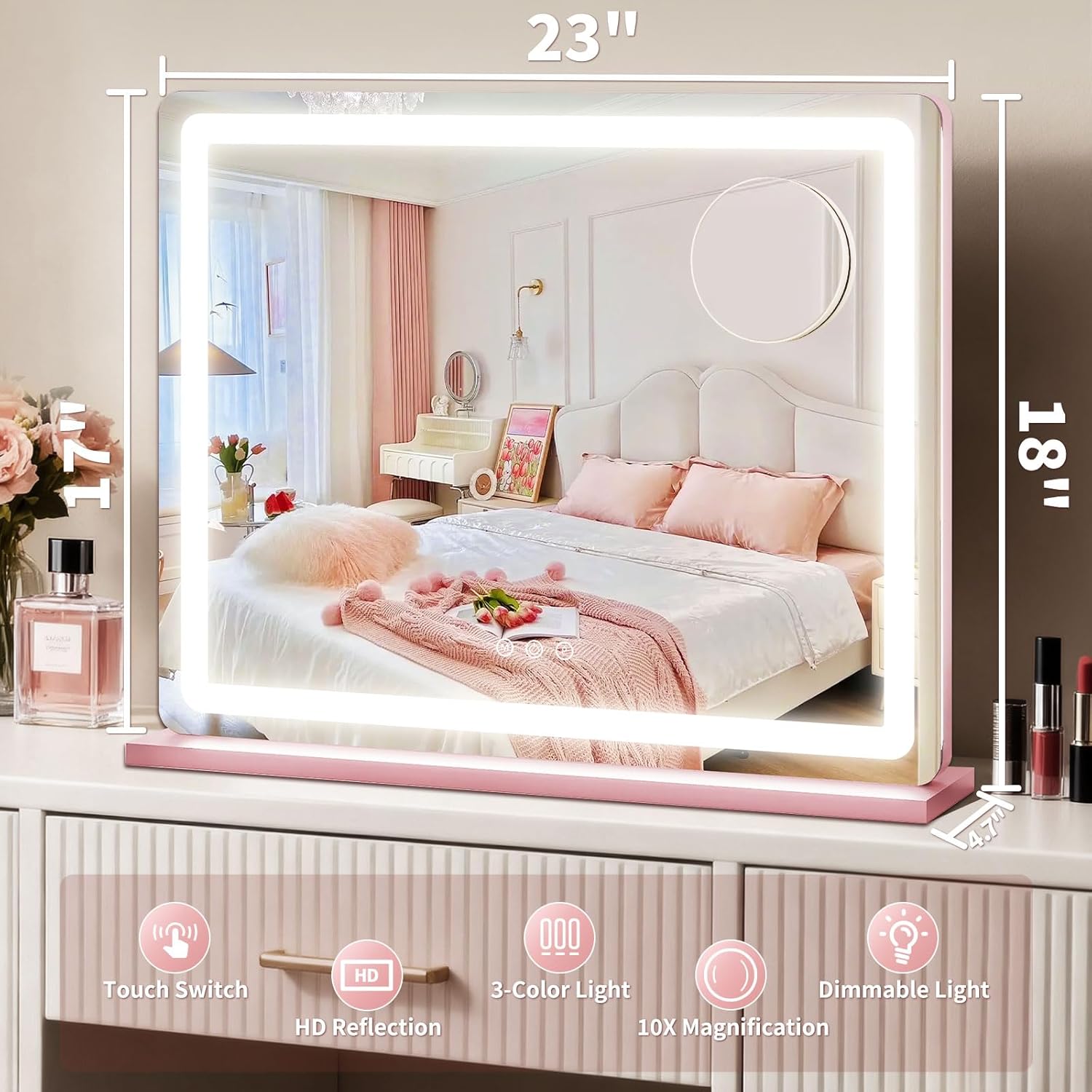 ROLOVE Pink Makeup Mirror with Lights, 23x18 Inch - 3 Color Modes, Dimmable LED Light up Mirror with 10X Magnification - Pink Vanity Mirror Wall&Tabletop Mount for Teen Girls