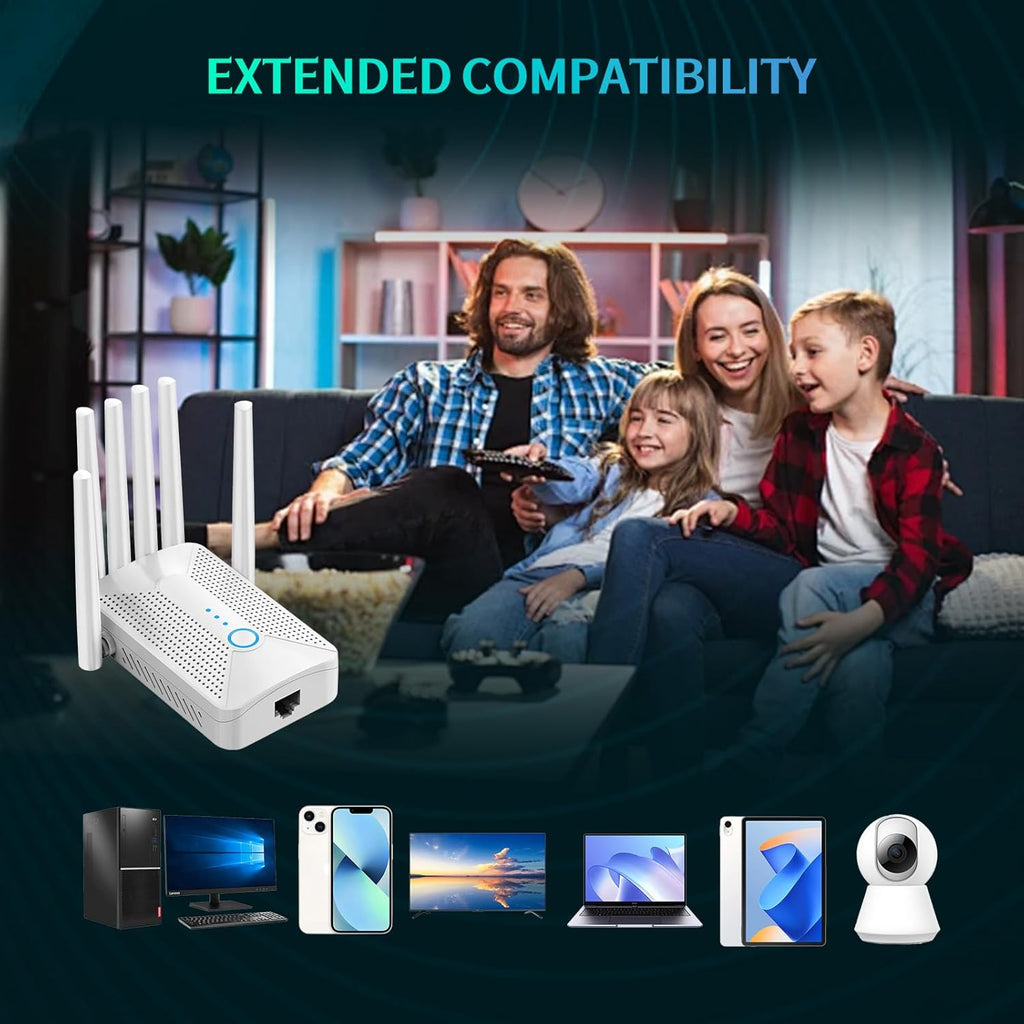 WiFi Extender Signal Booster for Home with 6 Antennas, Stable & Powerful up to 9800 Sq.ft for 64 Devices, Internet Booster, WiFi Repeater & Wireless Access Point，Easy Setup, Ethernet Port