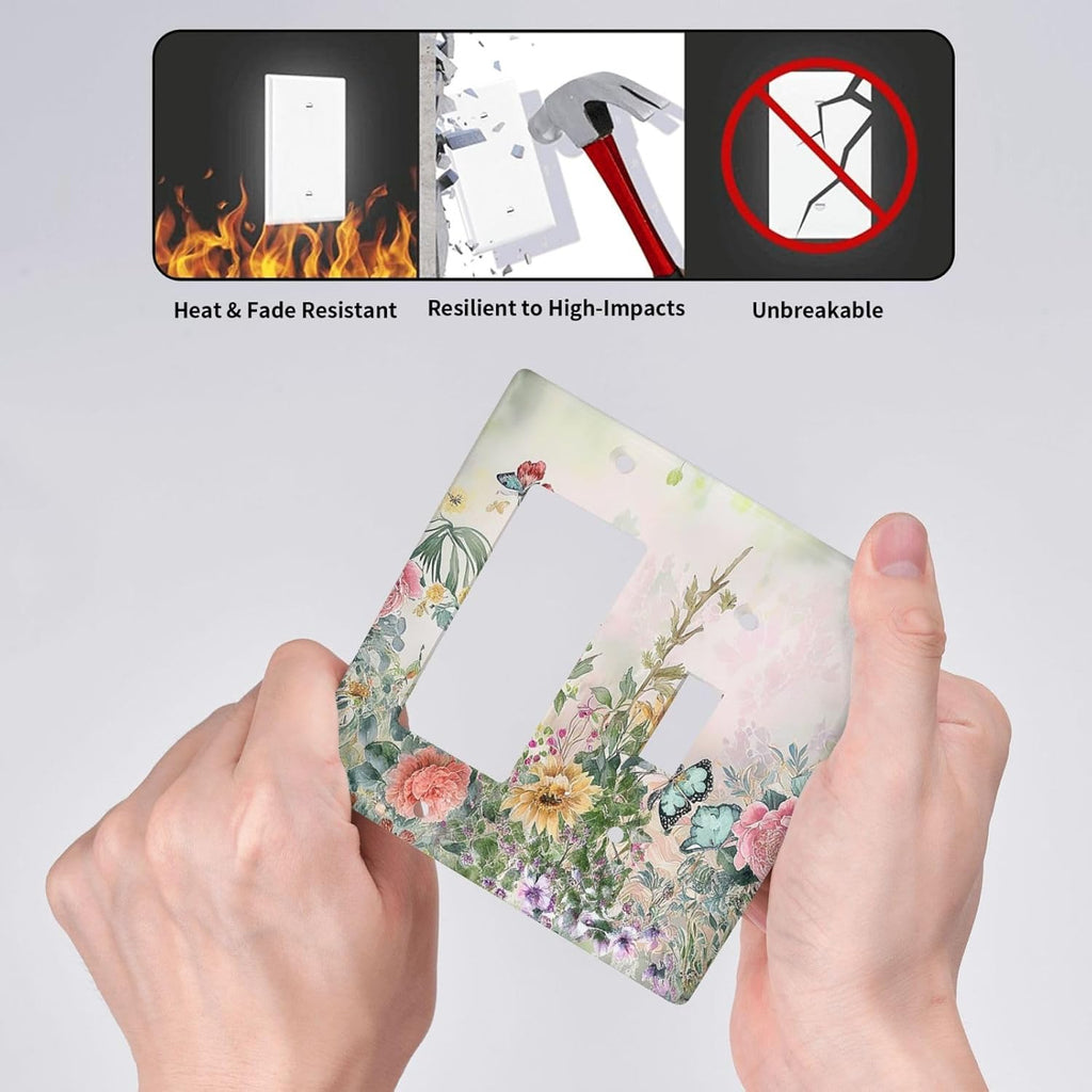 Rustic Floral Watercolor Flower Blossom Butterfly 2 Gang Combo 1 Toggle 1 Rcoker Light Switch Covers Decorative Switch Plates Electrical Switch Plates and Outlet Covers for Home Art Decor 4.5 X 4.5 IN
