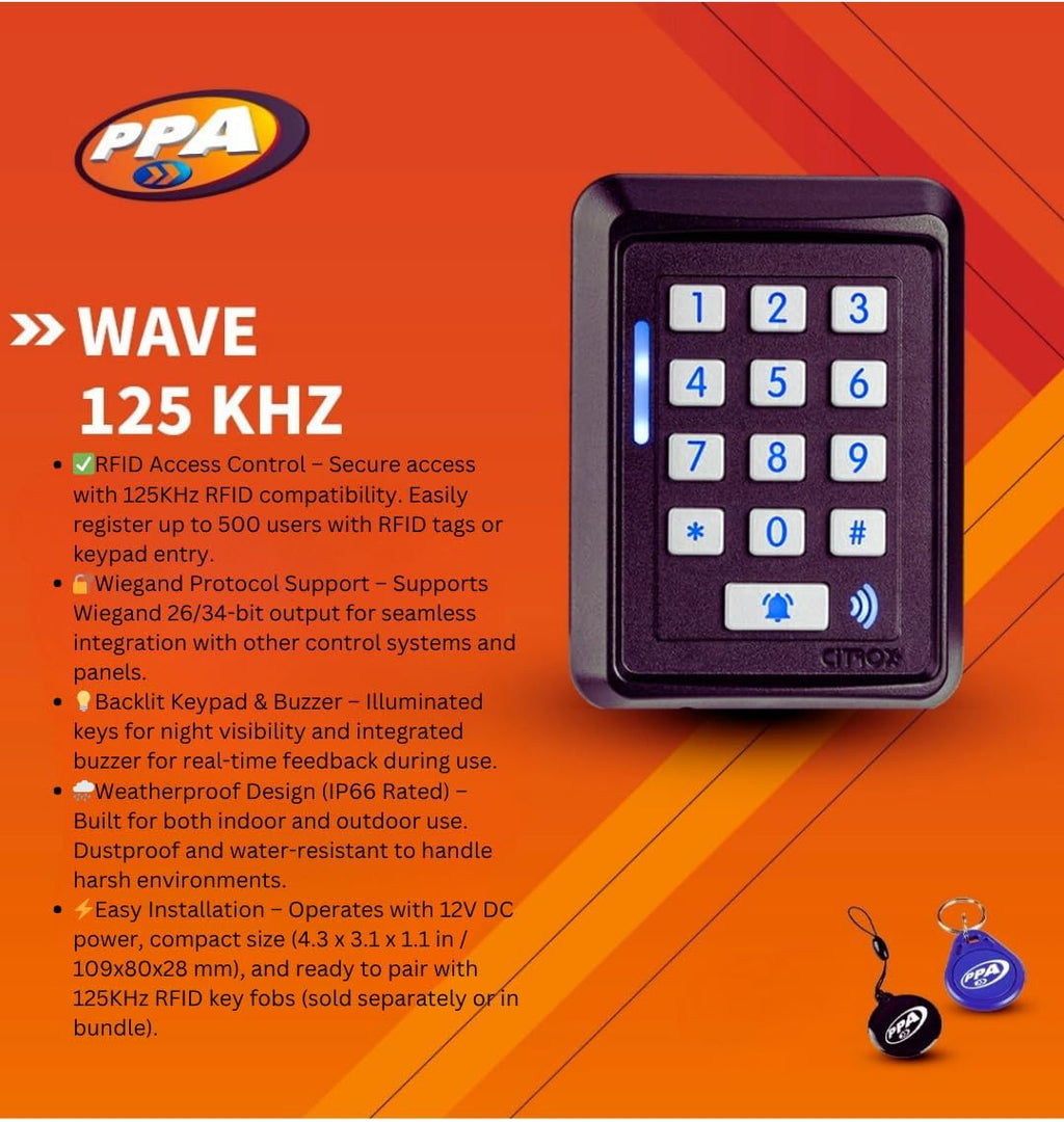PPA - Wave 125KHz RFID Access Control Keypad, IP66 Weatherproof, Backlit Keys, Wiegand 26/34-bit Compatible