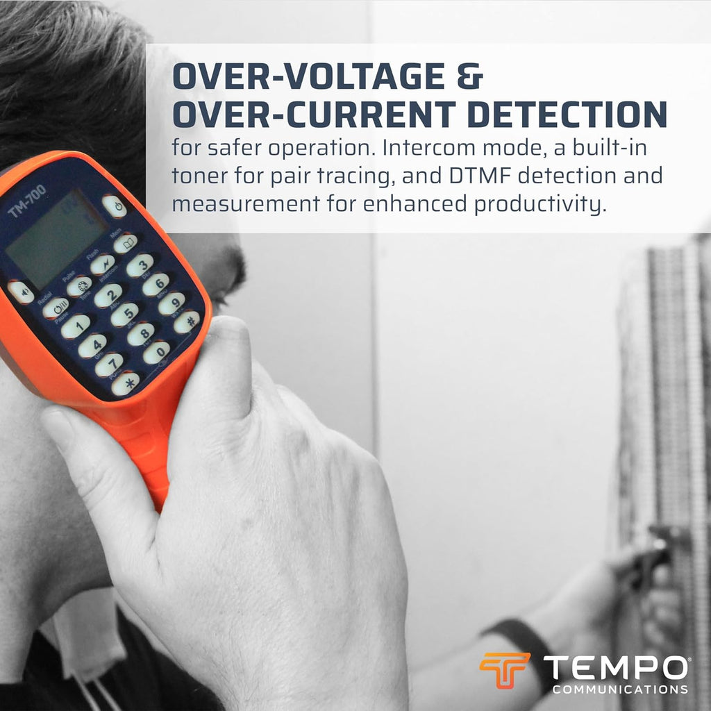 TEMPO Communications TM-700 Telephone Test Set, Lineman's Butt Set Phone Tester w/LCD Display, ABN Bed of Nails & Spike Croc Clips & RJ11, DSL Line Filter (Professional Grade) (TM-700)
