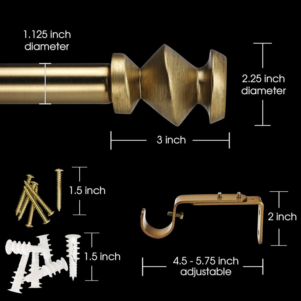 1-1/8 Inch Diameter Warm Gold Curtain Rods with Modern Geometric Finials, 36-72'' Telescoping Single Curtain Rods for window width 24-68 inch, 1 pack