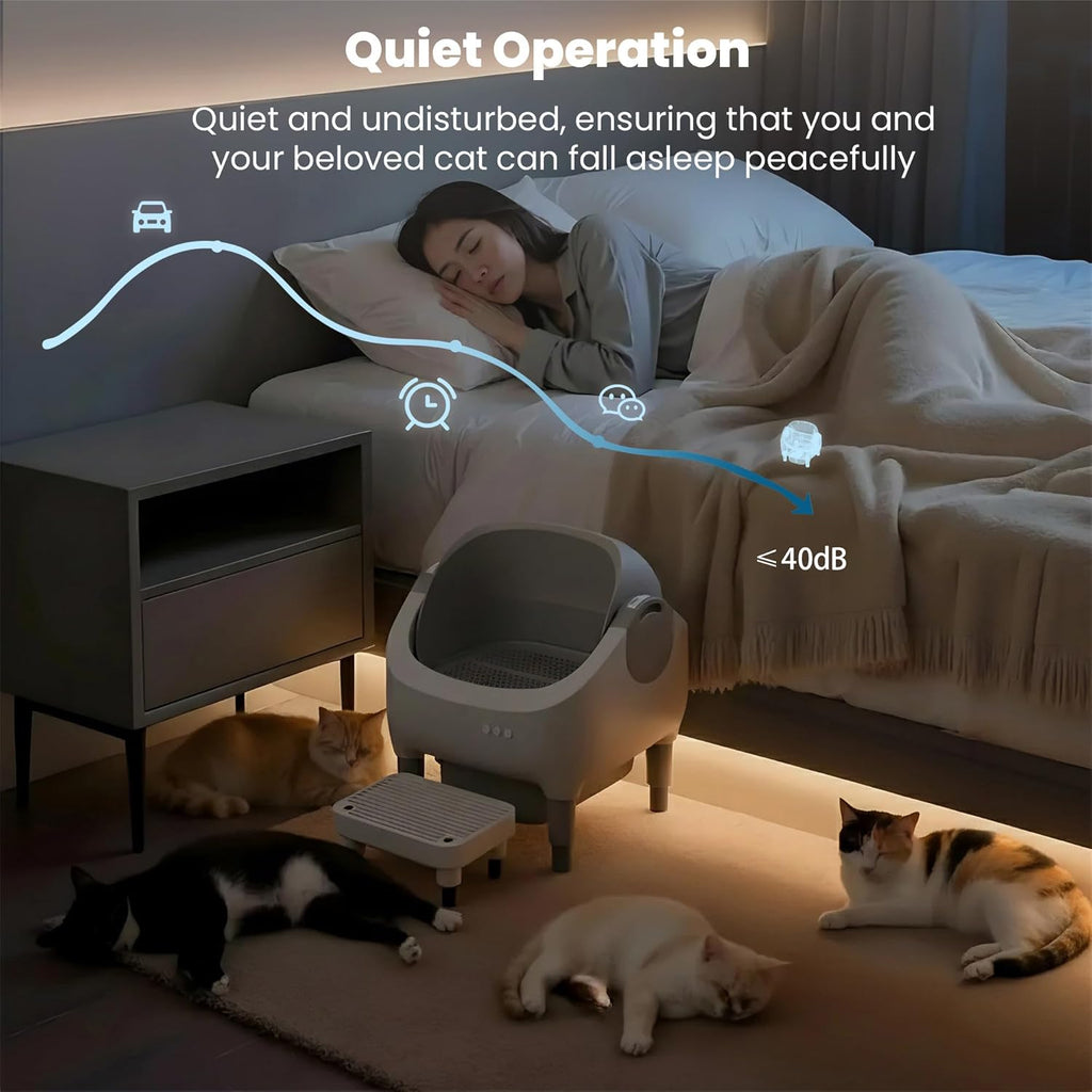 Self Cleaning Litter Box, App Control, Automatic Litter Box with Step, Odor-Free Includes Large Waste Bin and Trash Bags, Open Top Large Capacity for Multiple Cats, Quiet Operation, Safety Protection
