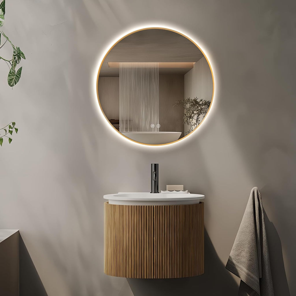 Niccy Round Led Mirror for Bathroom, 24" Backlit Mirror for Wall Circle Lighted Mirror with Gold Frame Anti-Fog, 3 Colors, HD Glass and IP65 Waterproof