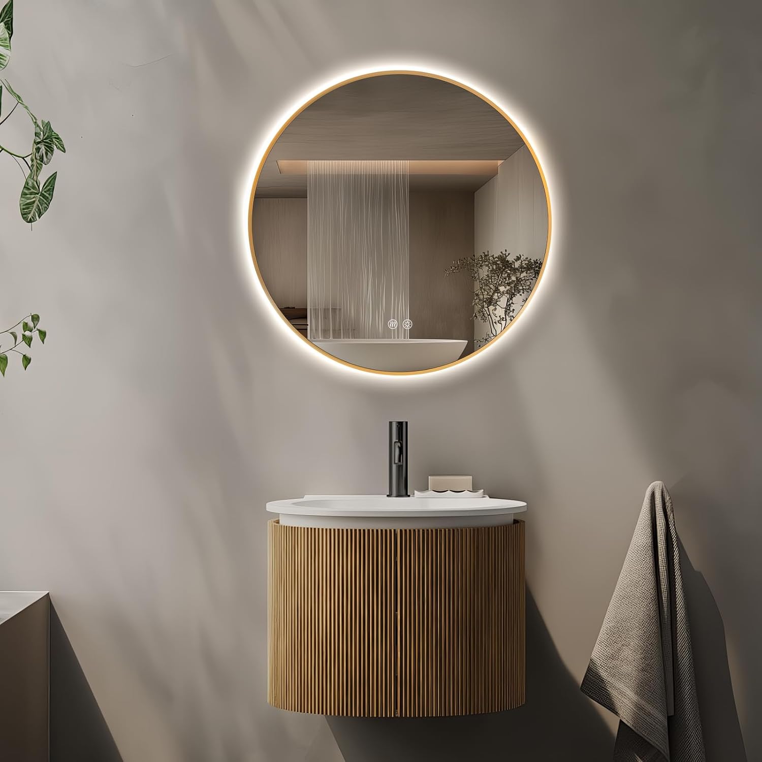 Niccy Round Led Mirror for Bathroom, 24" Backlit Mirror for Wall Circle Lighted Mirror with Gold Frame Anti-Fog, 3 Colors, HD Glass and IP65 Waterproof