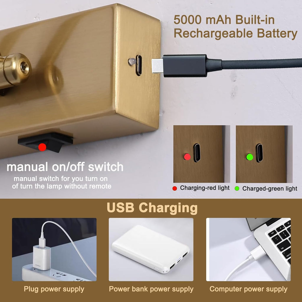 Battery Picture Lights for Wall, Rechargeable Gallery Light Wireless Art Display Lights with Dual-Rods Swing Arm Brass Painting Light with Remote & Timer 3CCT Dimmable Wall Sconces for Portrait 16”