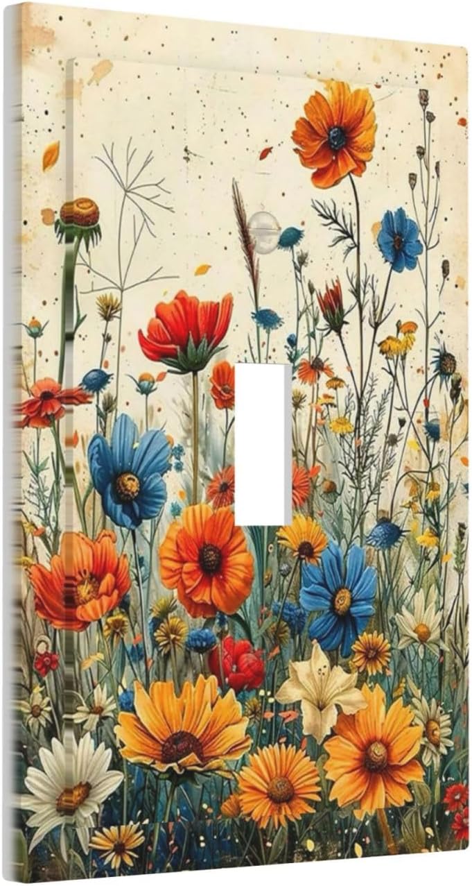 Decorative Light Switch Cover Plate Colorful Flowers Wildflowers Plants Orange Yellow Blue 1 Gang Single Toggle Wall Plate Electrical Outlet Covers Decorate Switch Plate Cover for Home Farmhouse Decor