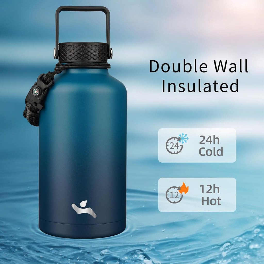Half Gallon Insulated Water Bottle with Straw,64 oz 3 Lids Water Jug with Carrying Bag,Paracord Handle,Double Wall Vacuum Stainless Steel Metal Flask,Indigo Black