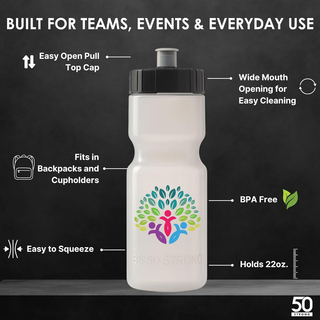 50 Strong Sports Water Bottles – Reusable 22 oz BPA-Free Plastic Bottles with Pull Top Cap – Made in USA – Top Rack Dishwasher Safe – Fits Most Bike Cages Brand