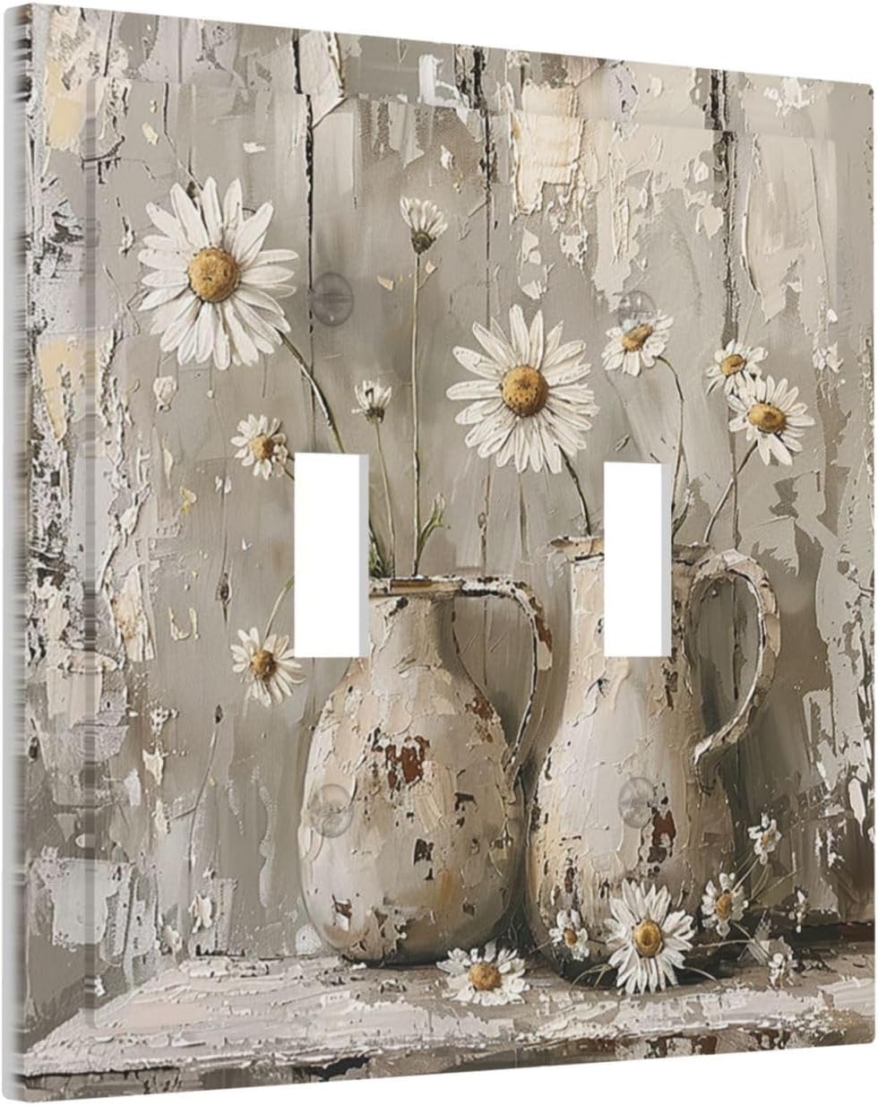 Decorative Switch Plates Vintage Rustic Floral White Daisy Flower Oil Painting Style 2 Gang Double Toggle Outlet Light Switch Cover Wall Plate Electrical Faceplate for Home Farmhouse Decor