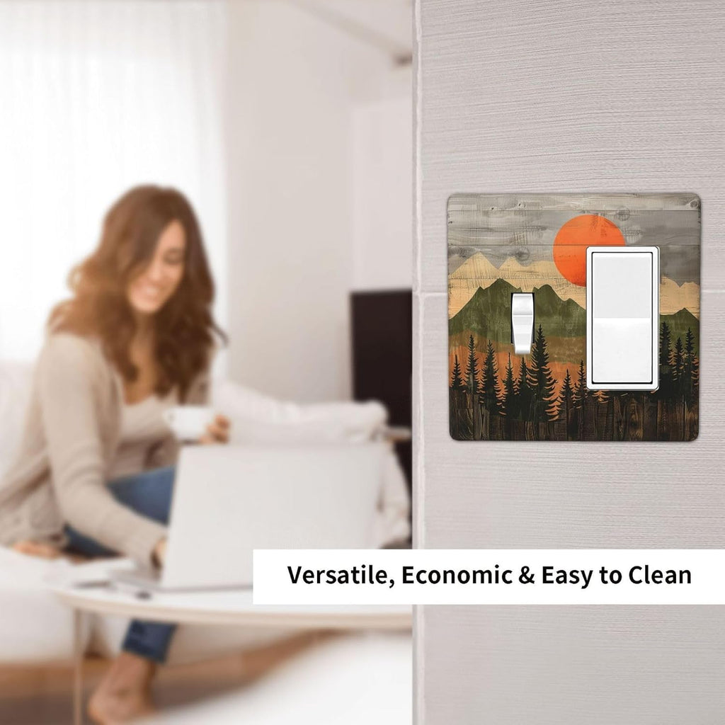 Outlet Covers Vintage Wood Grain Sun Forest Mountains 1 Toggle 1 Rocker Combination Decorative Wall Plate Electrical Switch Plates Light Switch Cover Plate for Farmhouse Cabin Decor