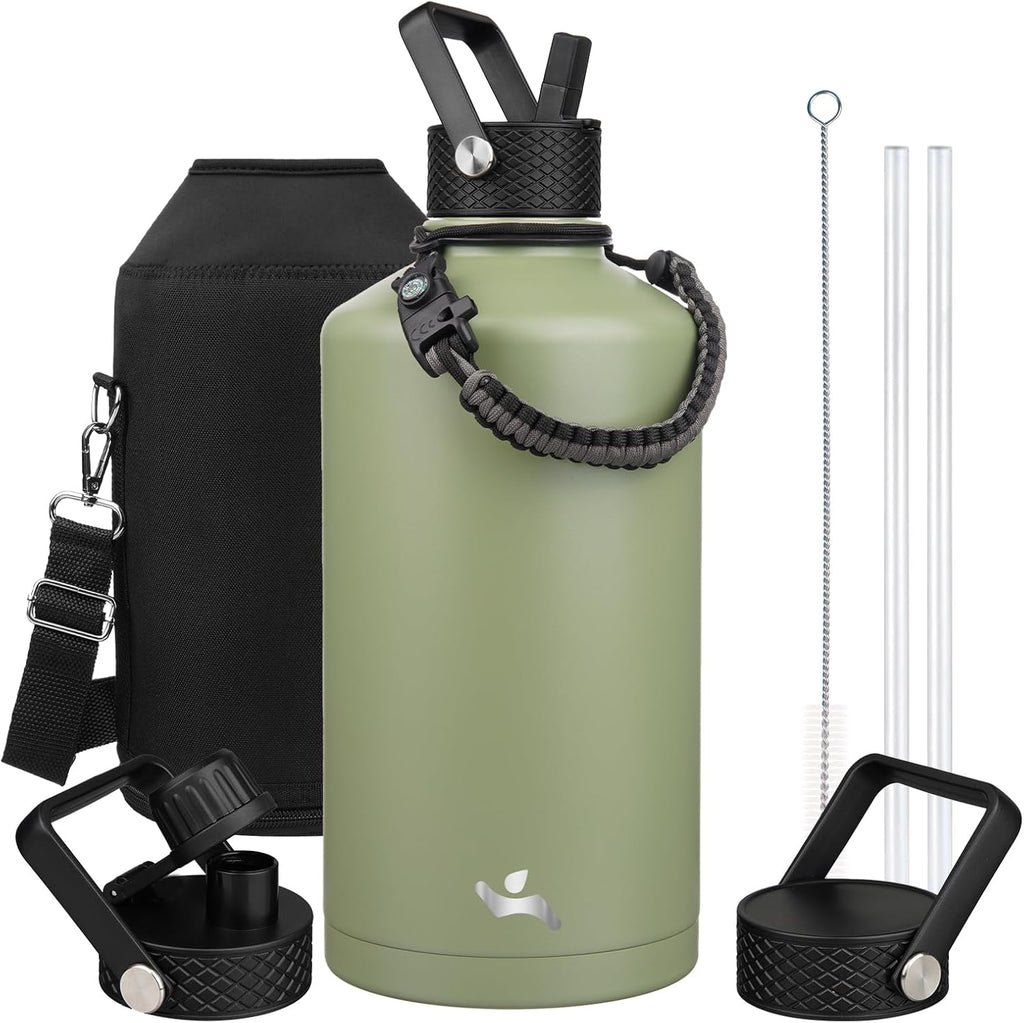 Gallon Insulated Water Bottle with Straw,128 oz 3 Lids Water Jug with Carrying Bag,Paracord Handle, Double Wall Vacuum Stainless Steel Metal Flask,Camp Green