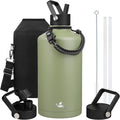 Gallon Insulated Water Bottle with Straw,128 oz 3 Lids Water Jug with Carrying Bag,Paracord Handle, Double Wall Vacuum Stainless Steel Metal Flask,Camp Green