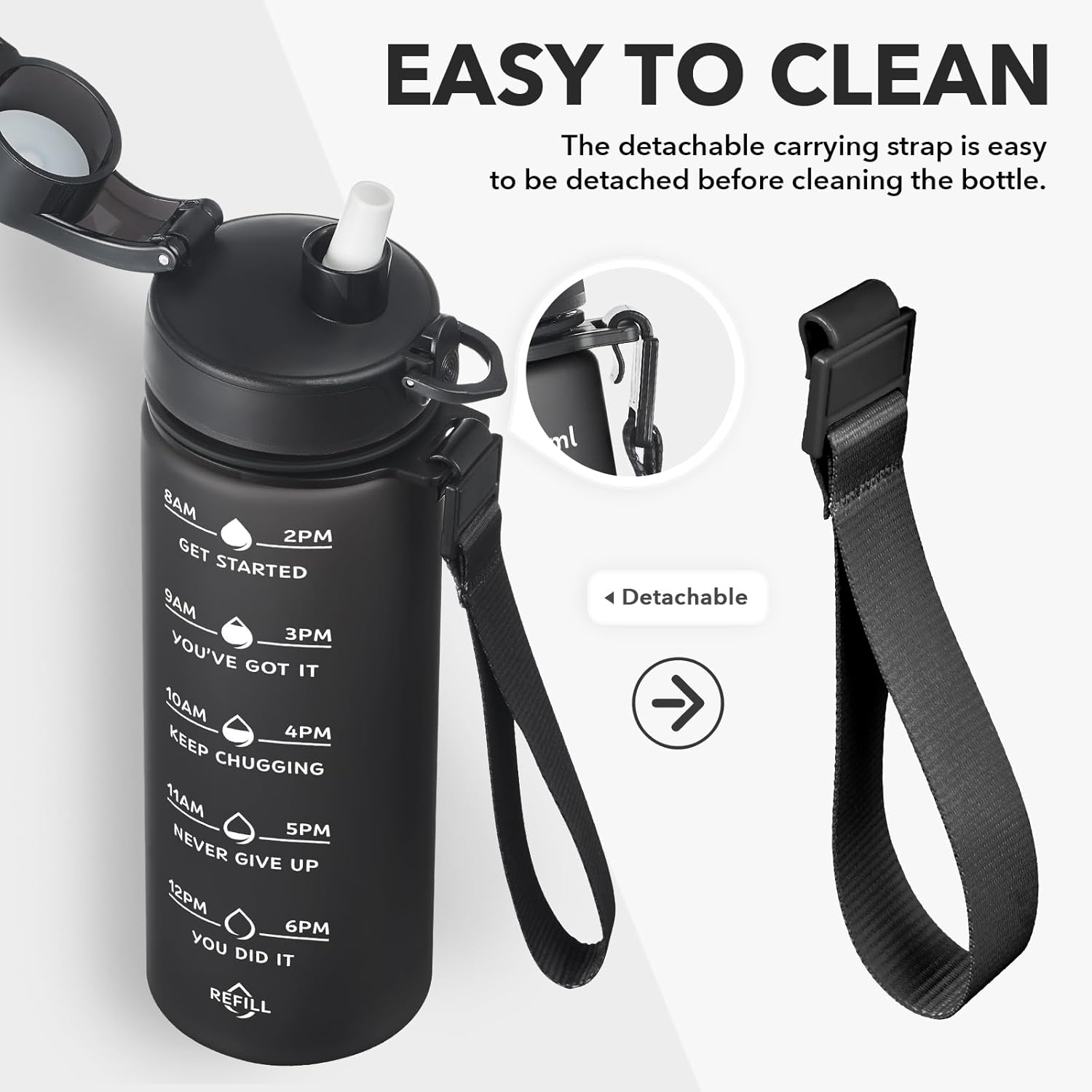 Enerbone Water Bottle, Leakproof BPA & Toxic Free, Motivational Water Bottle with Times to Drink and Straw, Fitness Sports Water Bottle with Strap for Office, Gym, Outdoor Sports