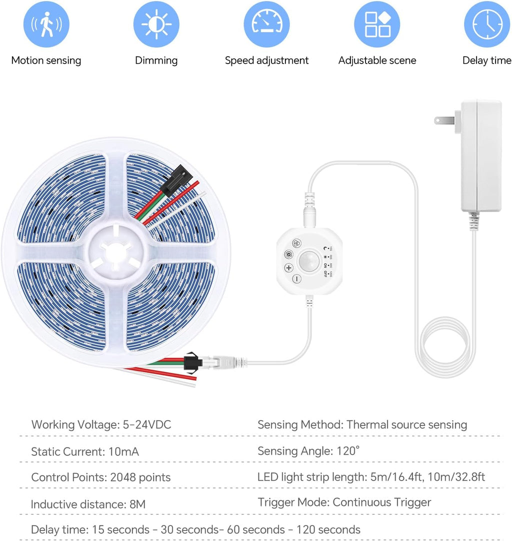 32.8Ft Motion Activated Running Water Flowing LED Strip Light Kit,3000K Dimmable LED Strip Lights, 24V Motion Sensor Horse Race LED Tape Light for Room Stair Corridor