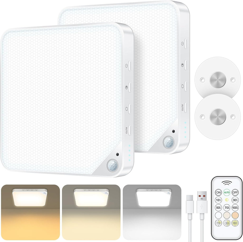 Rechargeable 8W Motion Sensor Ceiling Light Indoor, Wireless Magnetic Stick on Closet Light, Remote Control for Color & Brightness, Battery Operated Light for Shower, Bathroom, Pantry, Hallway, 2-Pack