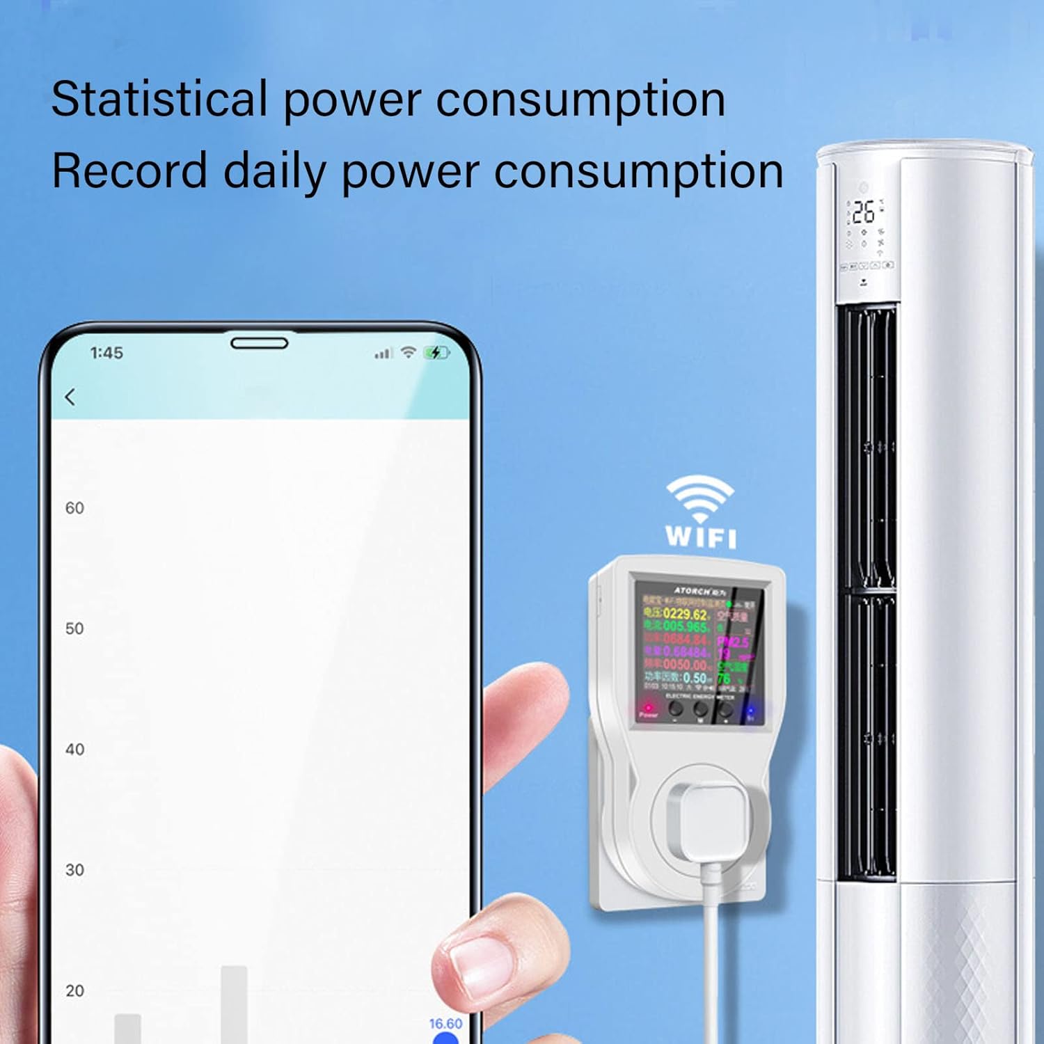 WiFi Smart Plug with Energy Monitoring Electricity Usage Monitor with LCD Display Smart Metering Socket for Home Appliances AC85‑265V US Plug 16A Maximum Current 3680W