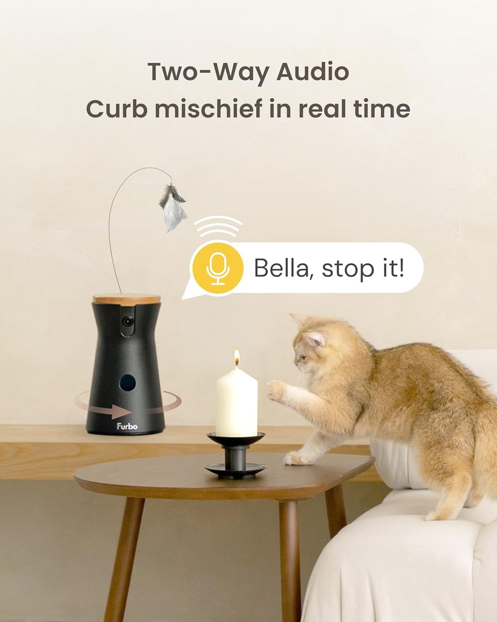 Furbo 360° Cat Camera: Pet Security Cam w/Meowing Alerts, Rotating View, Treat Toss w/Phone App, Smart Home Kitty Monitoring, 2-Way Speaker, No Subscription Needed. Standard See, Talk, & Toss Features