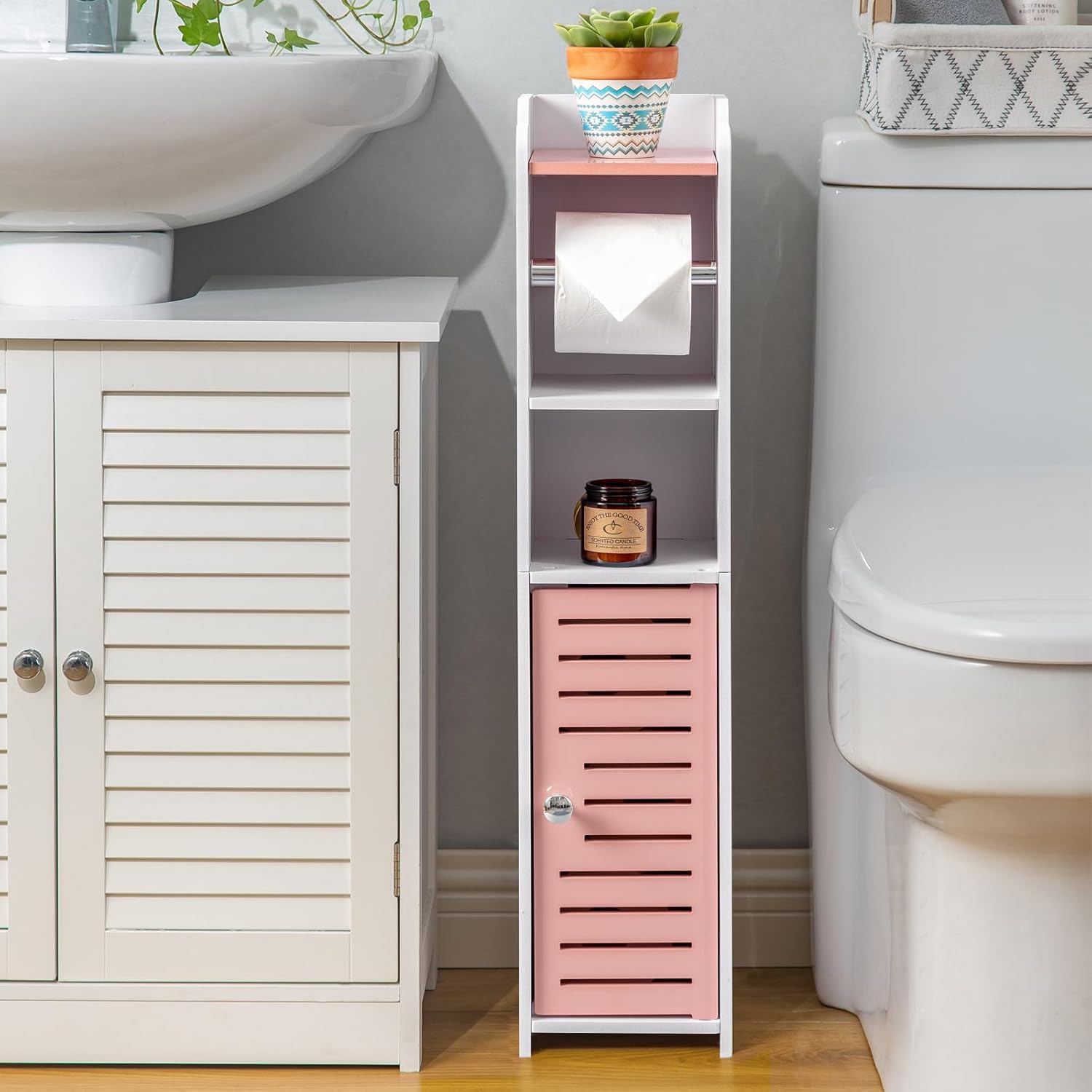 AOJEZOR Toilet Paper Holder Stand: Small Bathroom Storage Cabinet - Rose Dawn - White