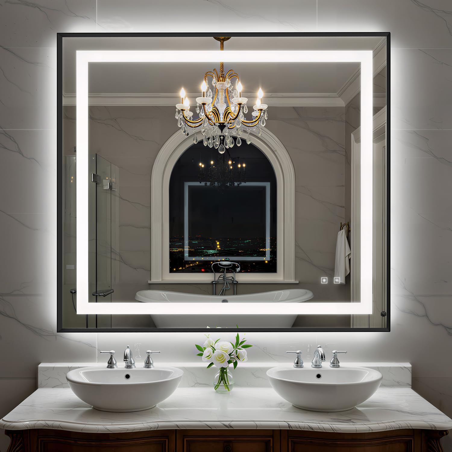 40X36 Inch LED Bathroom Mirror with Lights, Black Frame Frontlit+ Backlit Bathroom Vanity Mirror for Wall, Ultra-Clear Tempered Glass, Shatter-Proof, Anti-Fog and Memory Function, ETL Listed