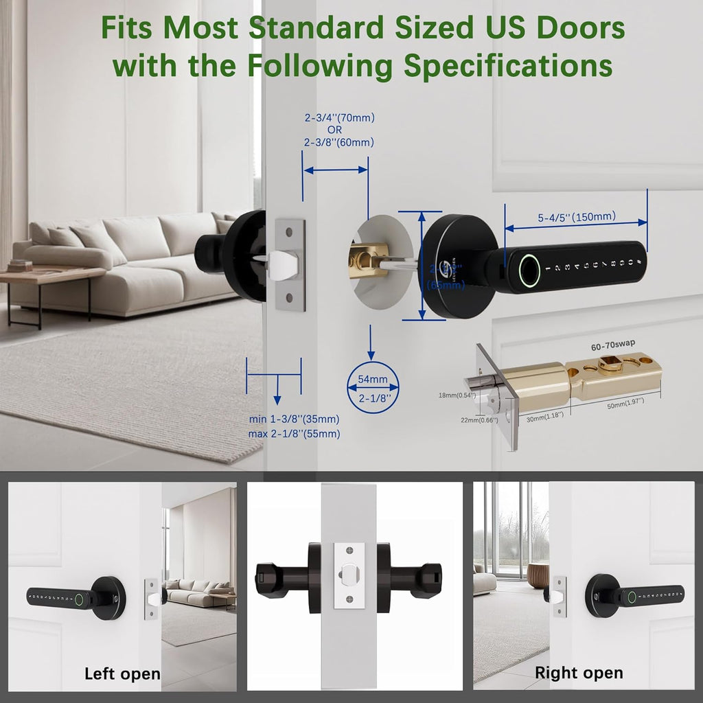 Smart Electronic Fingerprint Door Lock, Keyless Entry with Handle, Codes, APP, IC Cards, Fingerprints, Keys, for Home Bedroom Apartment (Black)