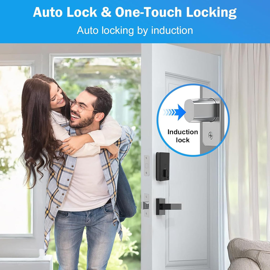 Smart Door Lock Keyless Entry with Handles TTLock APP Fingerprint Touchscreen Keypad IC Card Key Type-C Charging Unlocking 6 in 1 Electric Biometric Digital Deadbolt for Front Doors Apartment