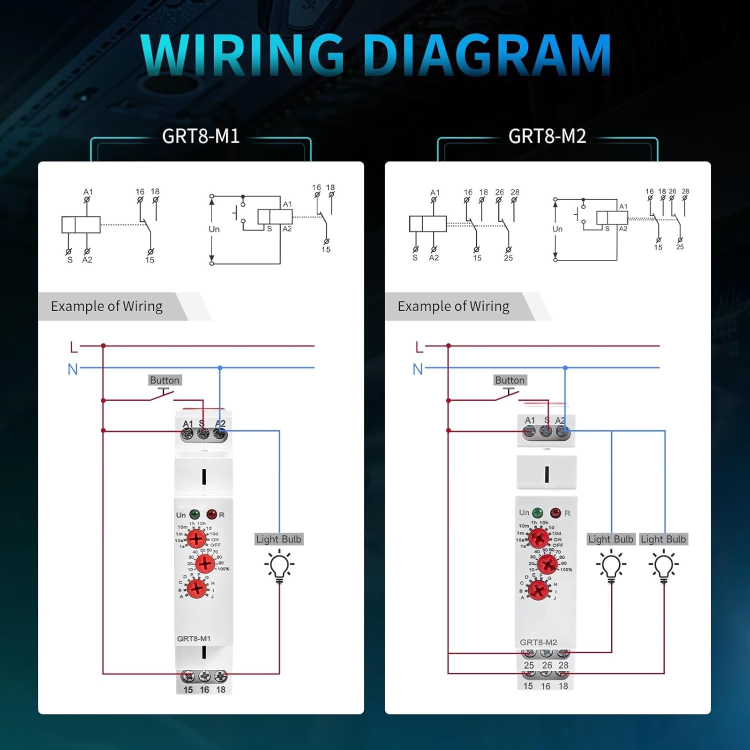 GRT8 M1 Multifunction Time Relay, 16A Delay ON Off AC DC 12-240V with 10 Relay Timer Function Choices DIN Rail Electronic Relays of Wide Time Delay Range for 0.1s-10 Days