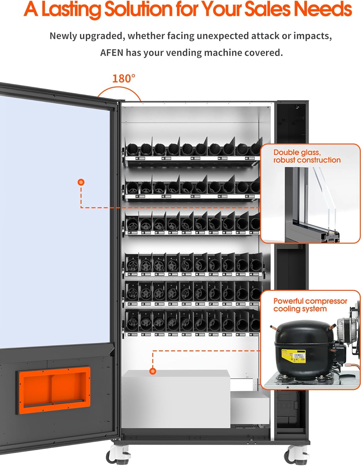 Afen Commercial Vending Machine with Bill & Coin Acceptor and Card Reader, 60 Slot Refrigerated Beverage Snack Combo Vending machine for Business, Durable Cashless Drink Vending in Bulk