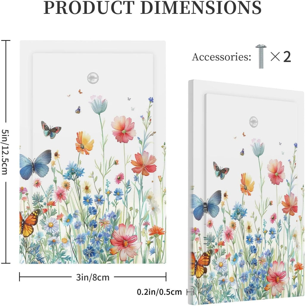 Decorative Light Switch Cover Plate Rustic Wildflower Blue Pink Floral Butterfly 1 Gang No Device Single Blank Outlet Covers Wall Plates for Electrical Outlets Faceplate for Bedroom Home Decor