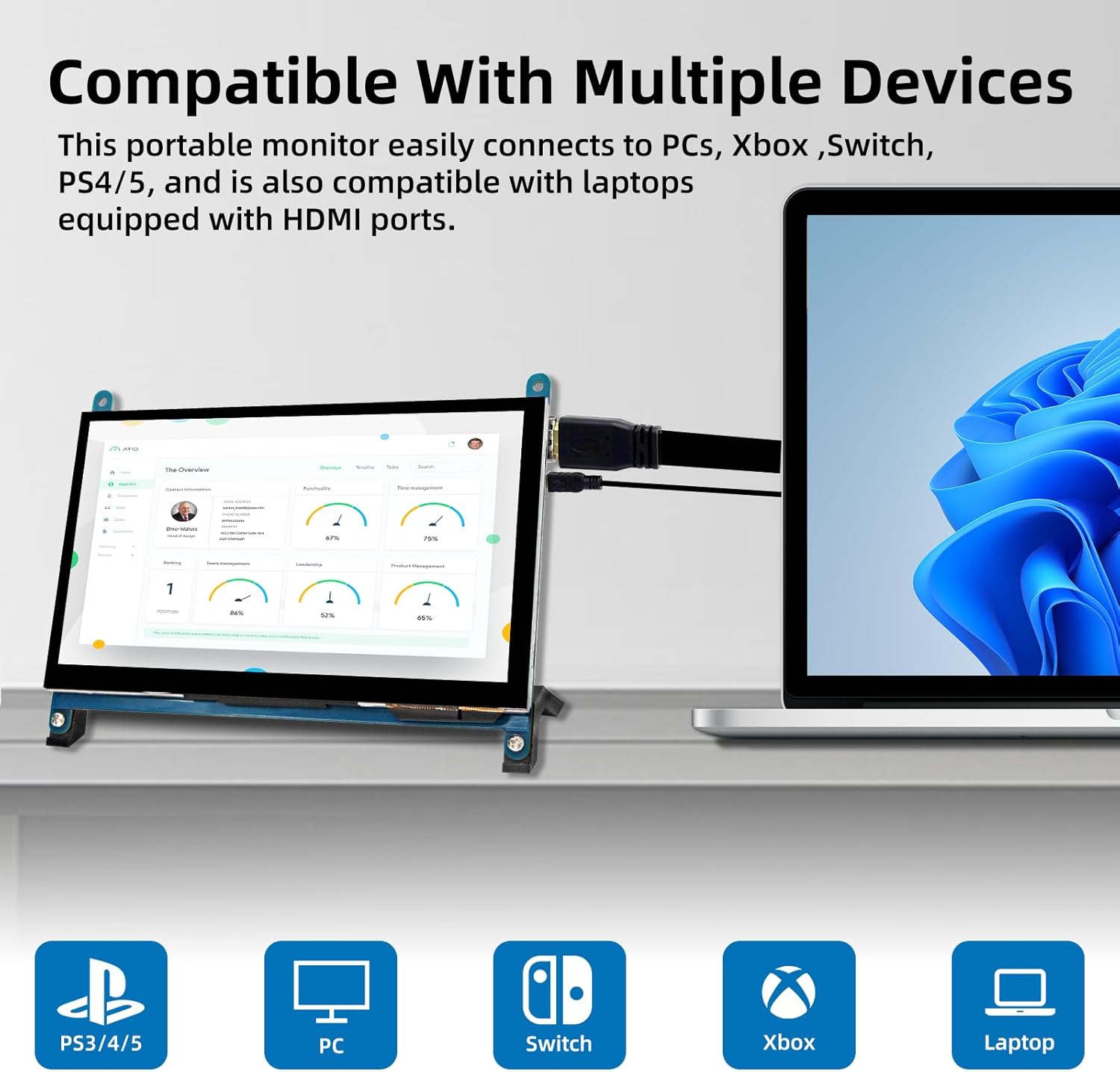 7 Inch LCD Touch Screen, 1024x600 IPS Display with Stand, HDMI Portable Monitor for Raspberry Pi 5/4B/3B+/3B/B+/Zero/400, BB Black, Windows 10 8 7, Free Driver